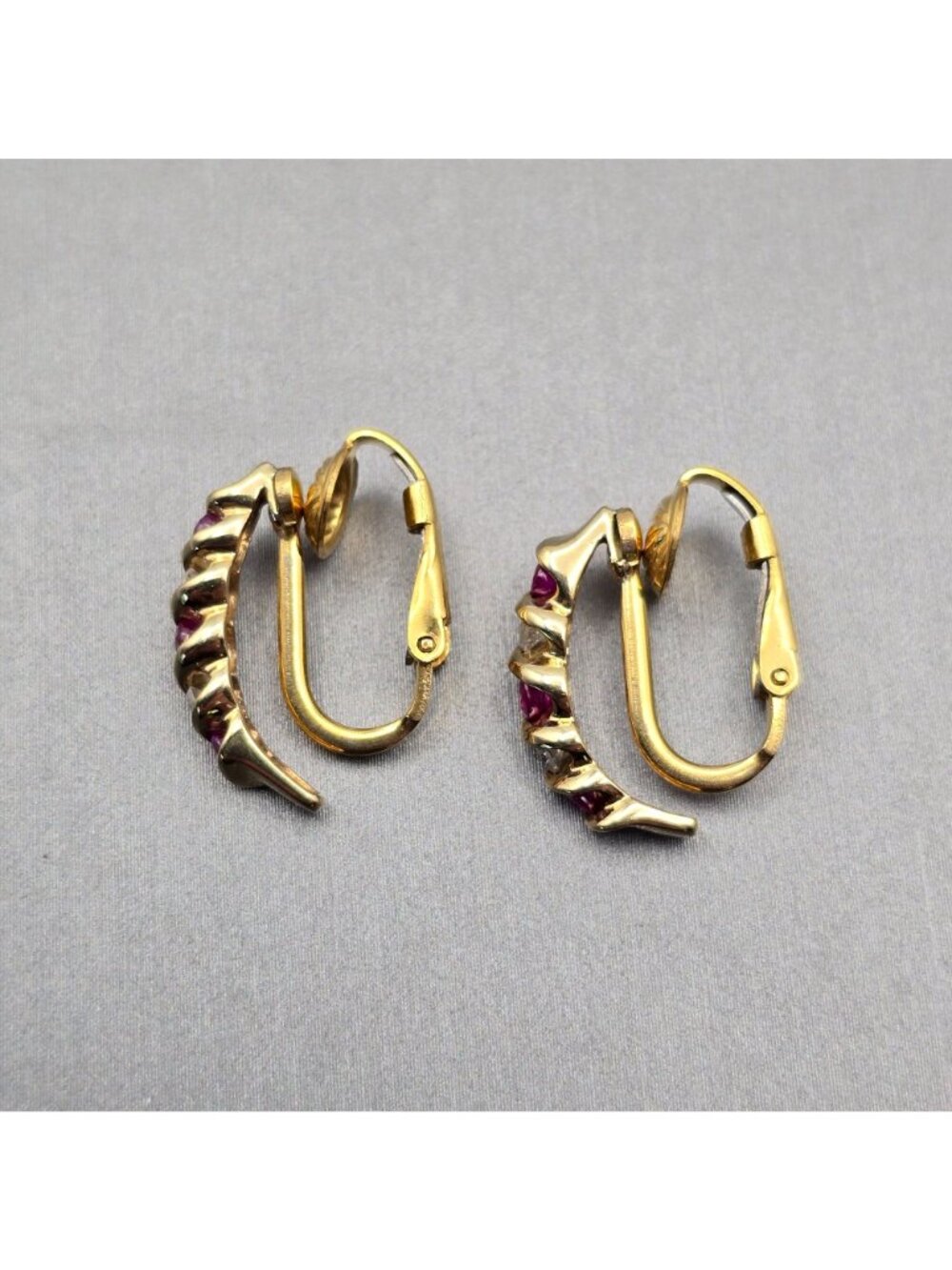 Vintage 14k Gold Filled Ruby Lab Created Diamond Clip On Half Hoop Earrings 3/4" - Picture 5 of 12